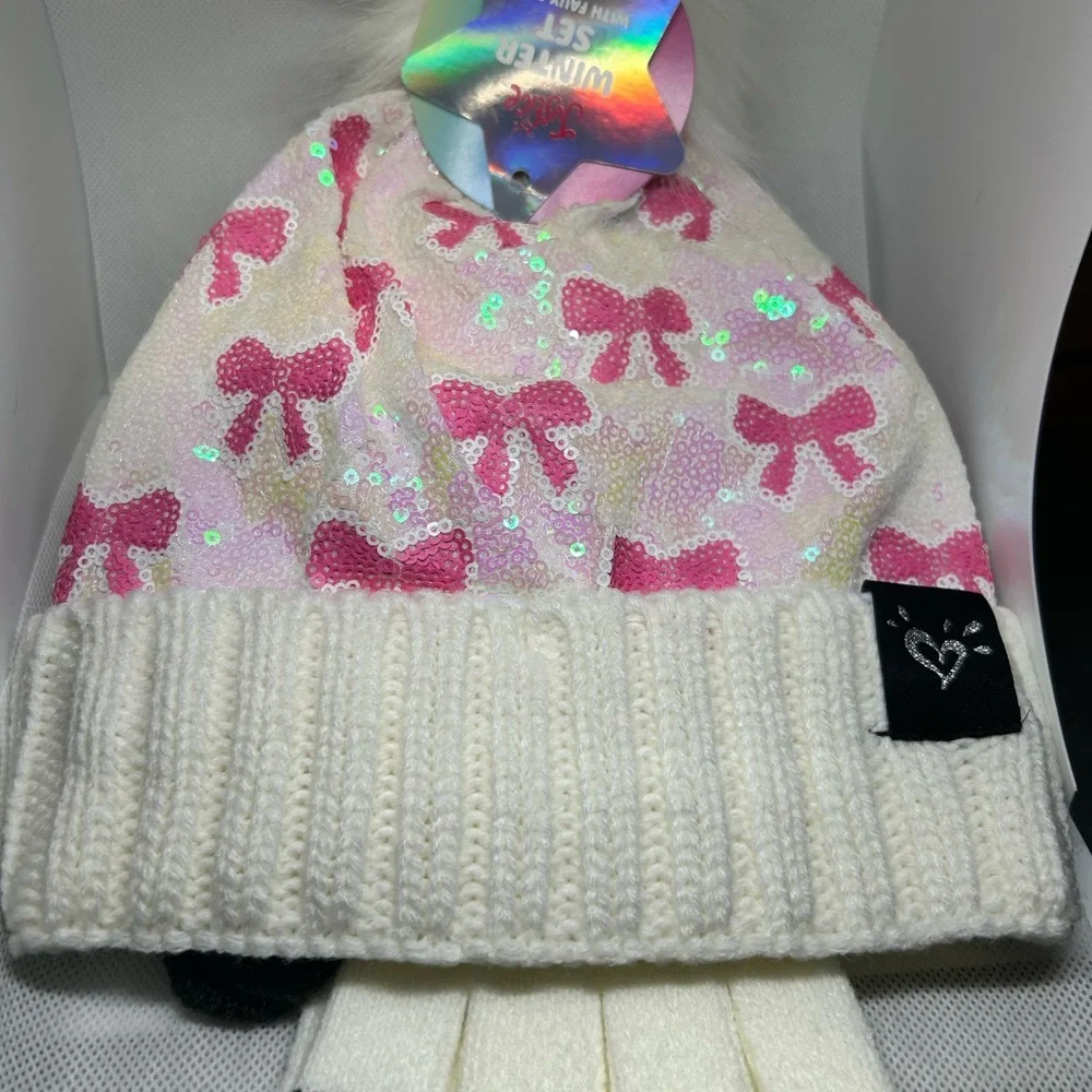 Justice Sequin‎ Kid’s Hat Gloves Set White and Pink Bow